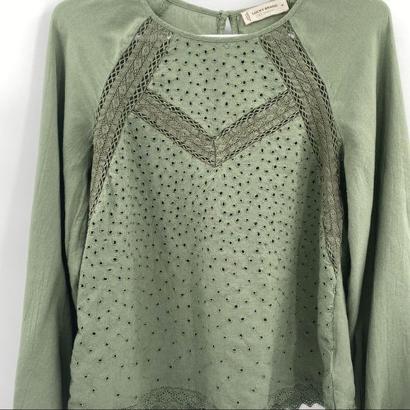 LUCKY BRAND I Top Blouse Eyelet Olive Green Medium - Picture 4 of 16